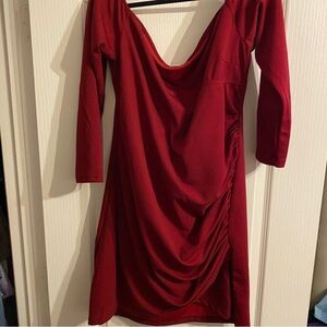 Deep Rich Red Bodycon Dress with Long Sleeves and Scoop Neck for Night Out